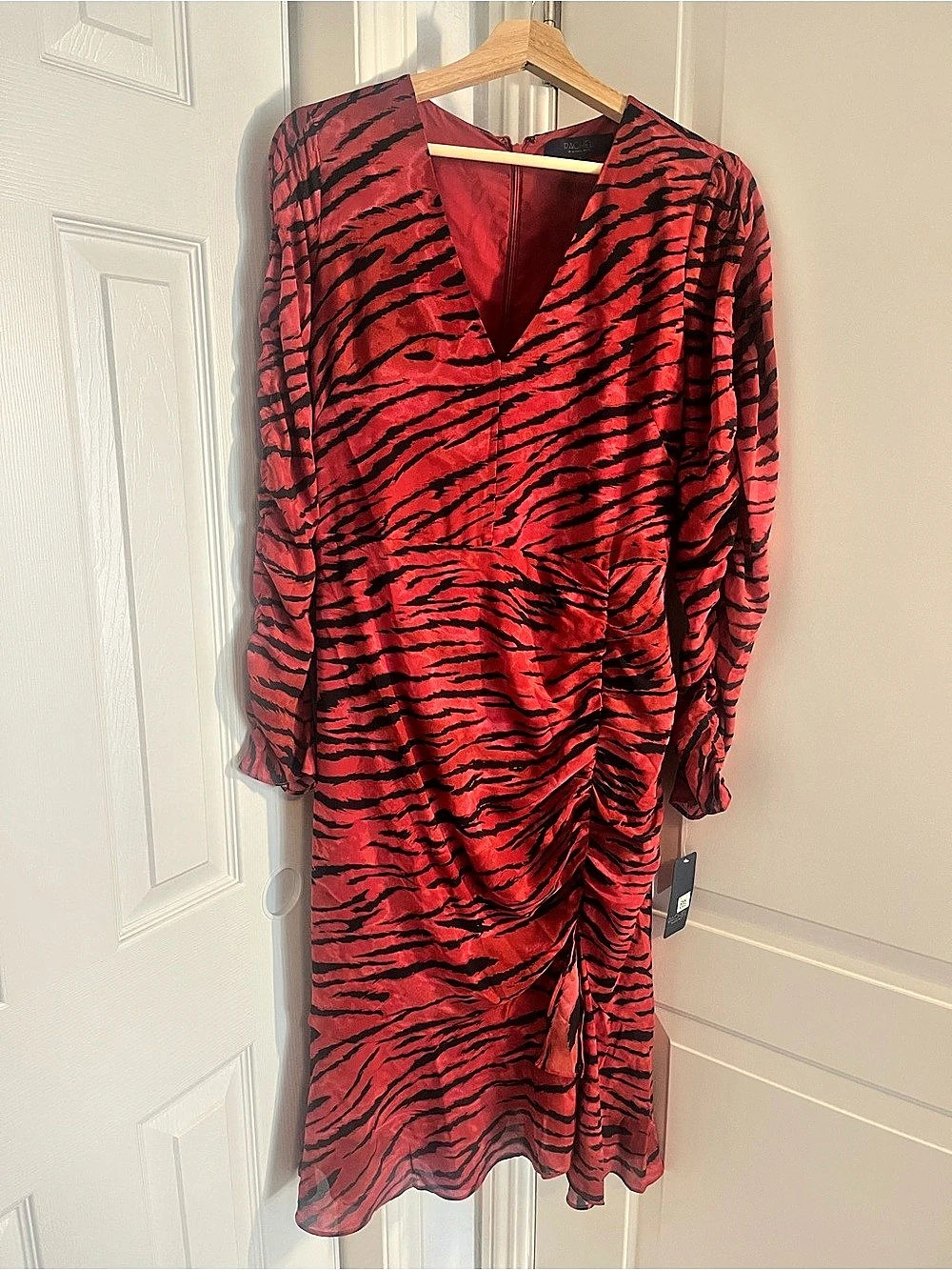 Rachel Roy Animal Print Ruched Midi Dress in Red & Black Size 10 NWT